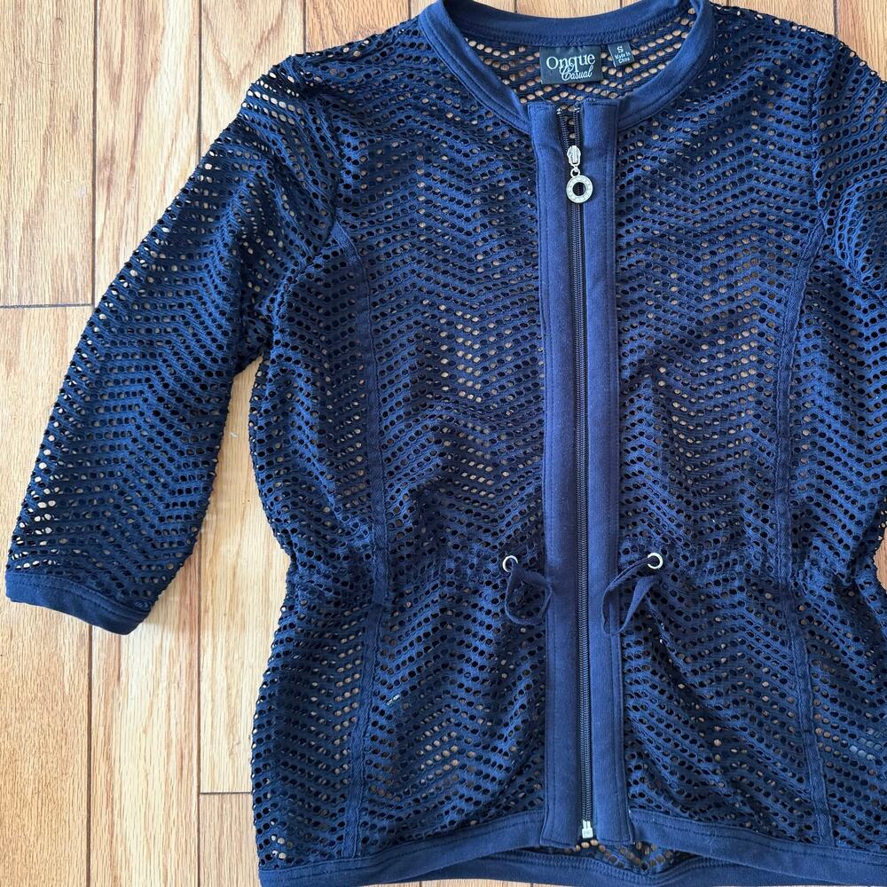 Onque Casual Navy Blue Mesh Zip Up Jacket Size S Lightweight Perforated